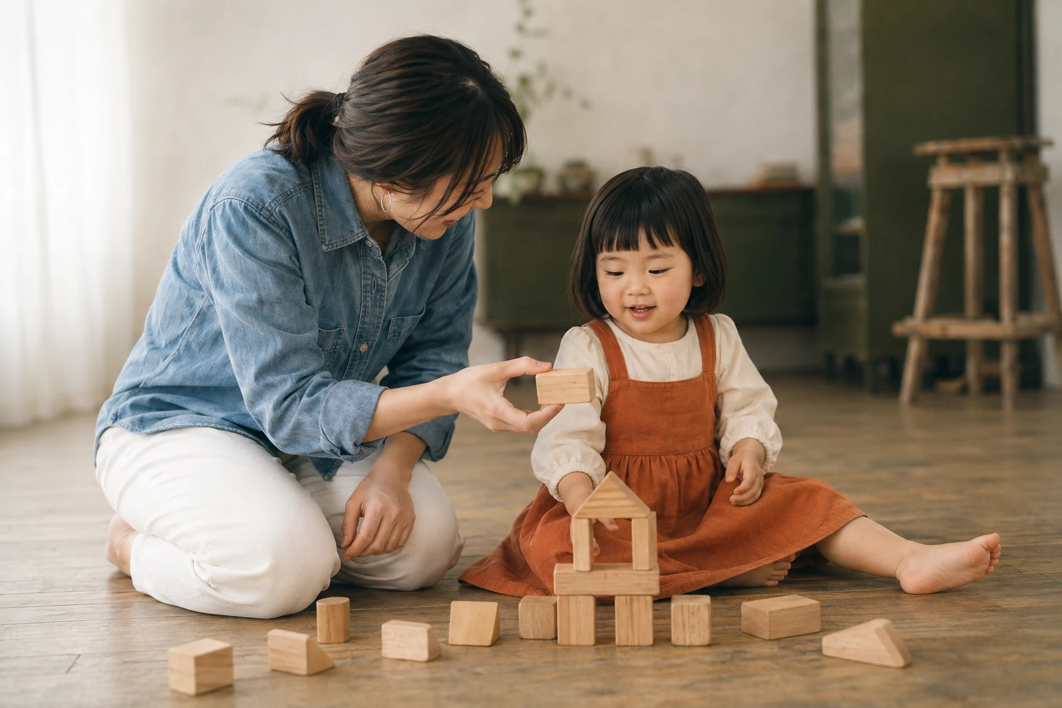 スタッフと同じ目線で、木の積み木で遊ぶ女の子