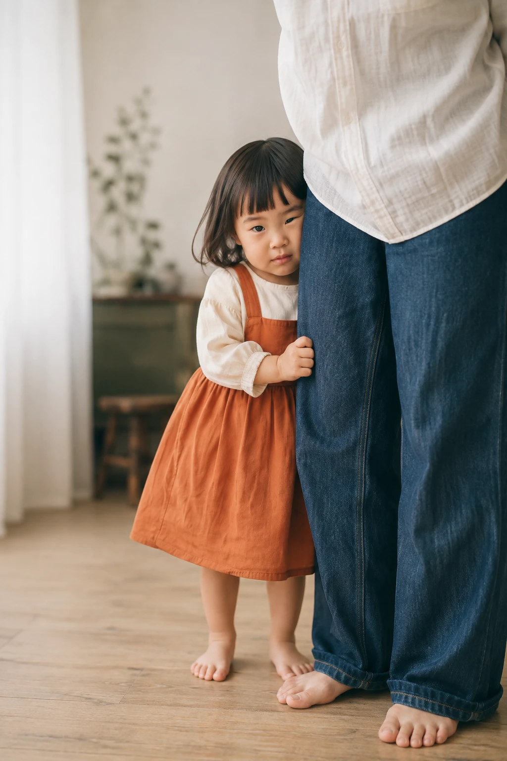 お母さんの後ろから、そっと顔をのぞかせる女の子